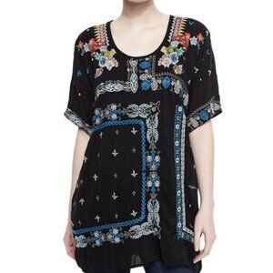 Johnny Was Danny Embroidered Short Sleeve Black Tunic Blouse Floral Size S Top